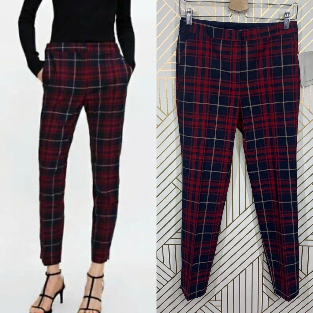 Zara Basic Plaid Jogger Waist Ankle Pants in Red Navy Size US Medium